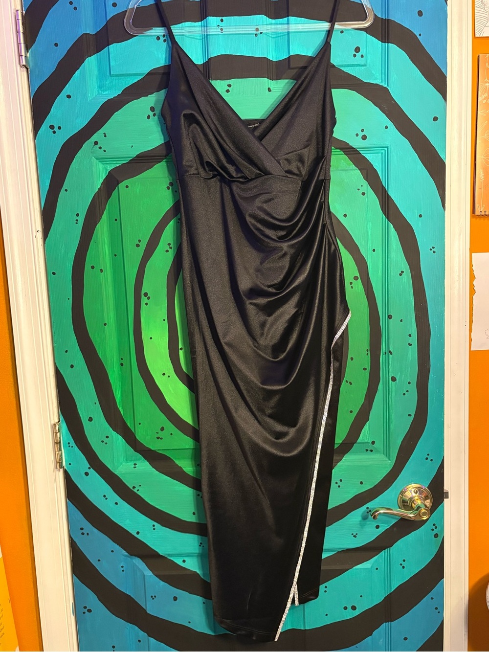 STREETWEAR SOCIETY black satin slit dress w/ rhinestone trim